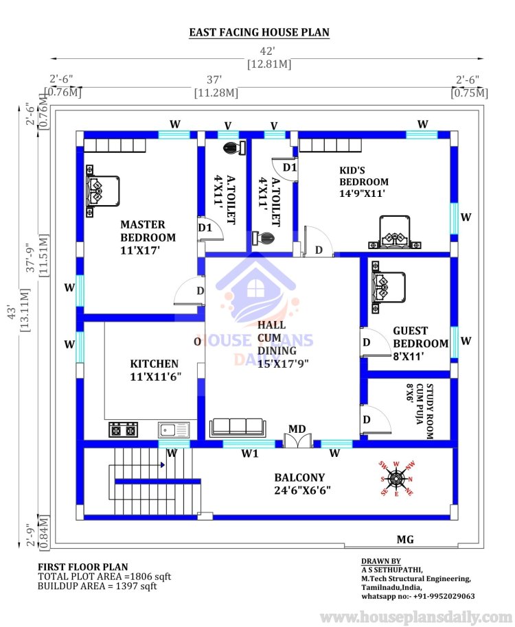 1800 Sqft East Facing House Plan | 2 Bedroom House Plan East Facing