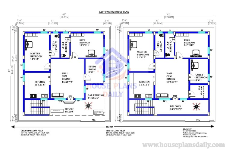 1800 Sqft East Facing House Plan | 2 Bedroom House Plan East Facing