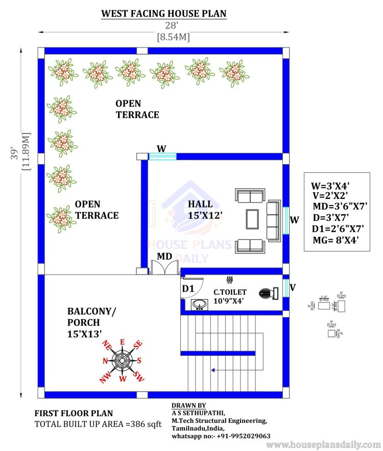 West Facing House Plan with Elevation Design | 2 Bedroom Home Design