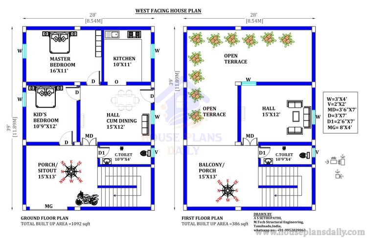 West Facing House Plan with Elevation Design | 2 Bedroom Home Design