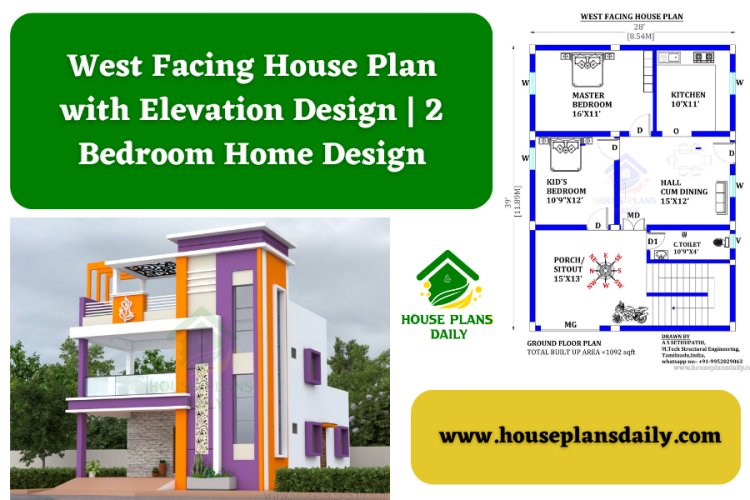 West Facing House Plan with Elevation Design | 2 Bedroom Home Design