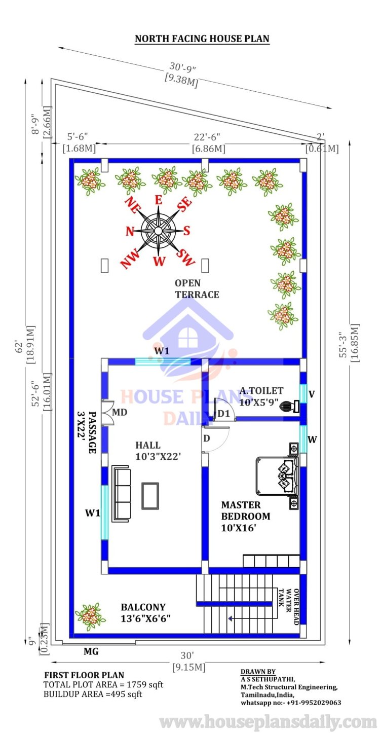 North Facing Vastu House Plan | 3BHK Homes