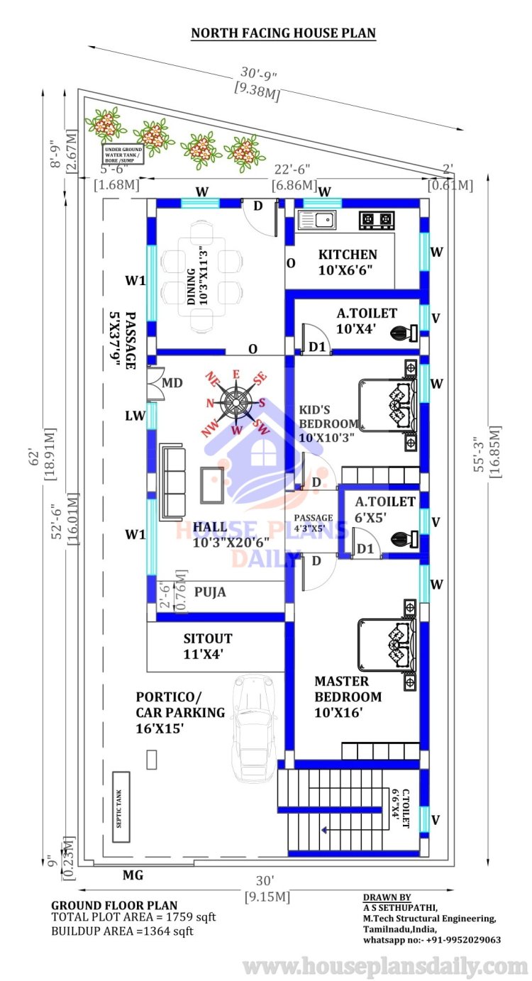 North Facing Vastu House Plan | 3BHK Homes