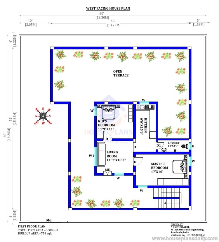 60x60 House Plan | 3 BHK House | 2 Bedroom Home Plan