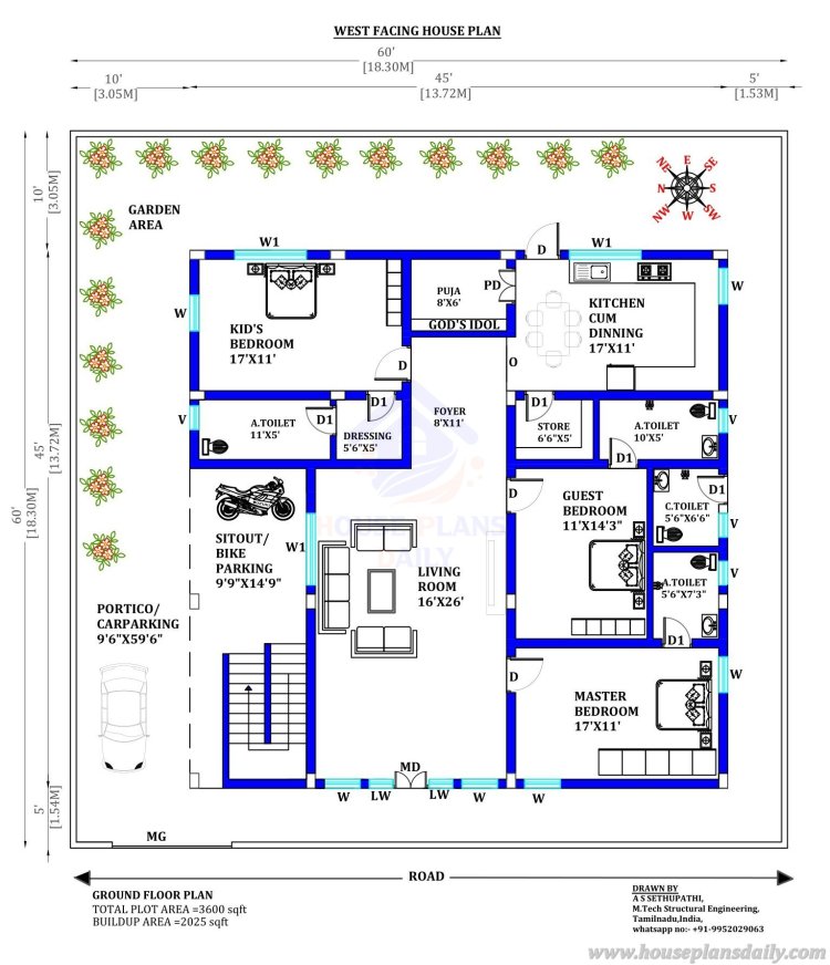 60x60 House Plan | Modern Home Floor Plan | 3bhk West Facing House Plan