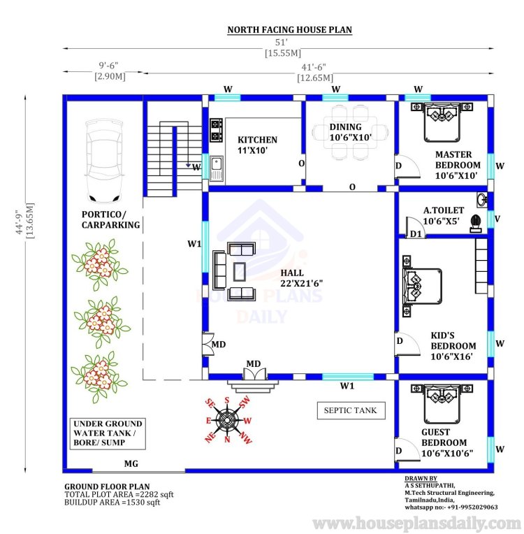 3bhk House Plan | 3 Room House Plan | North Facing Plan