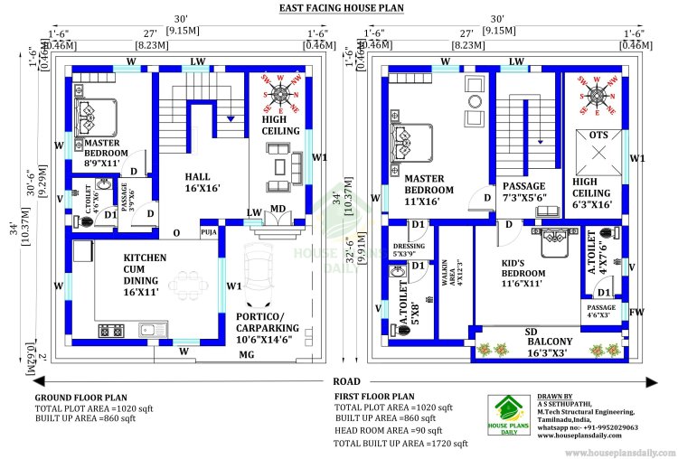 East Facing Duplex House Plan | High Ceiling House| Duplex House Elevation Designs