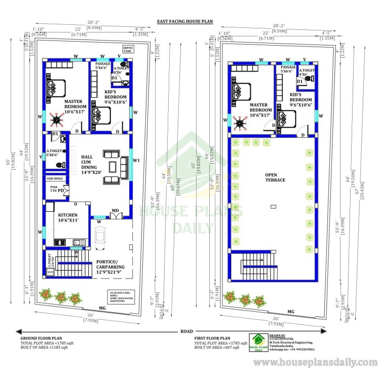 2 bhk House Plan in 1200 Sq ft | 22 by 64 House Plan with Car Parking