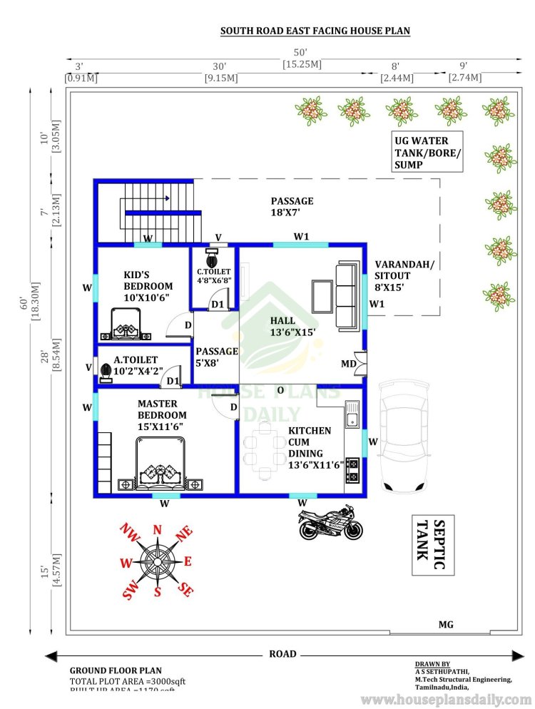 50x60 South Road East Facing House Plan| Shear Wall Method