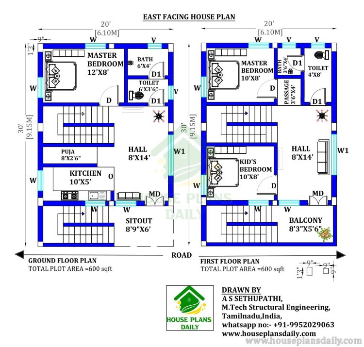 3BHK House Plan | 20 By 30 House Plan