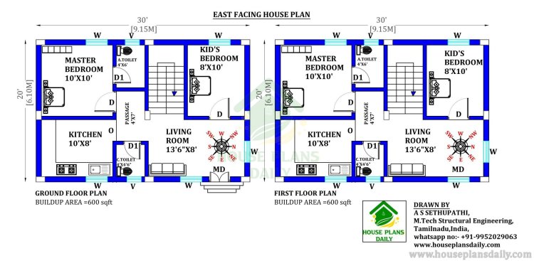 2 bhk House Plans with Vastu East Facing | Simple House Design 600 Sqft