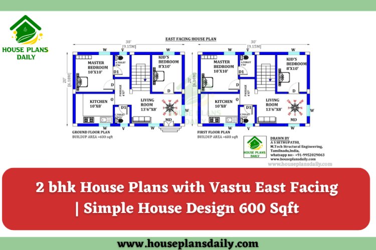 2 bhk House Plans with Vastu East Facing | Simple House Design 600 Sqft