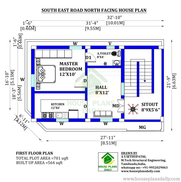 1BHK House Plan | House Elevation | North Facing House Plan