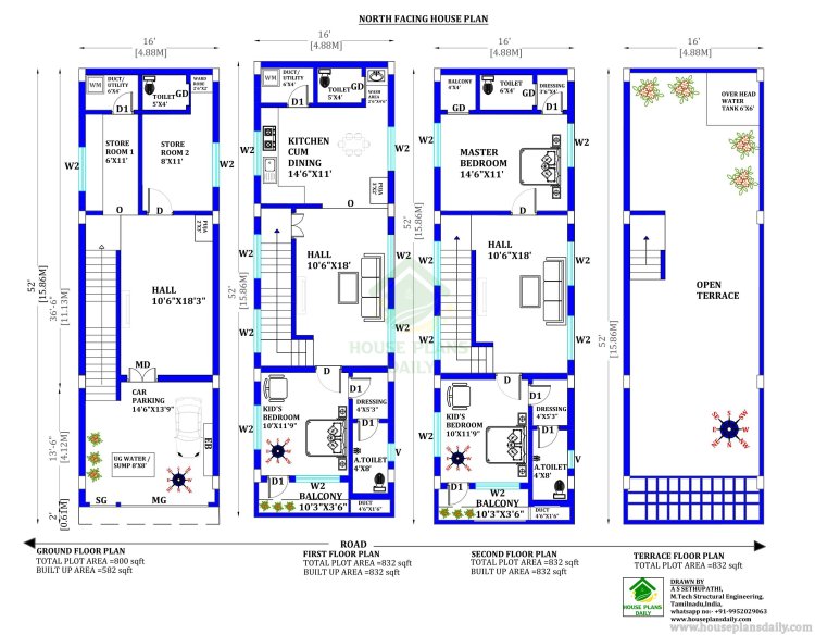 800 SQFT House Plan |Three Story House Design | Duplex Building Design