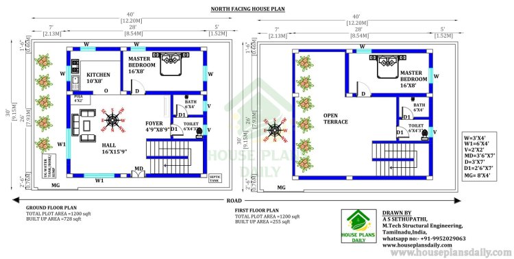 40x30 House Plan | 2BHK Duplex House | North Facing Duplex House