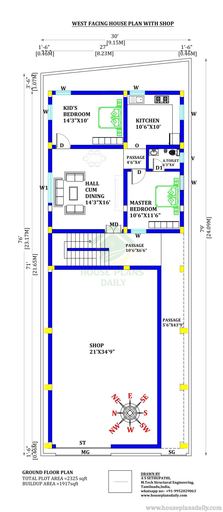 West Facing House Plan with Shop | House Structural Drawing