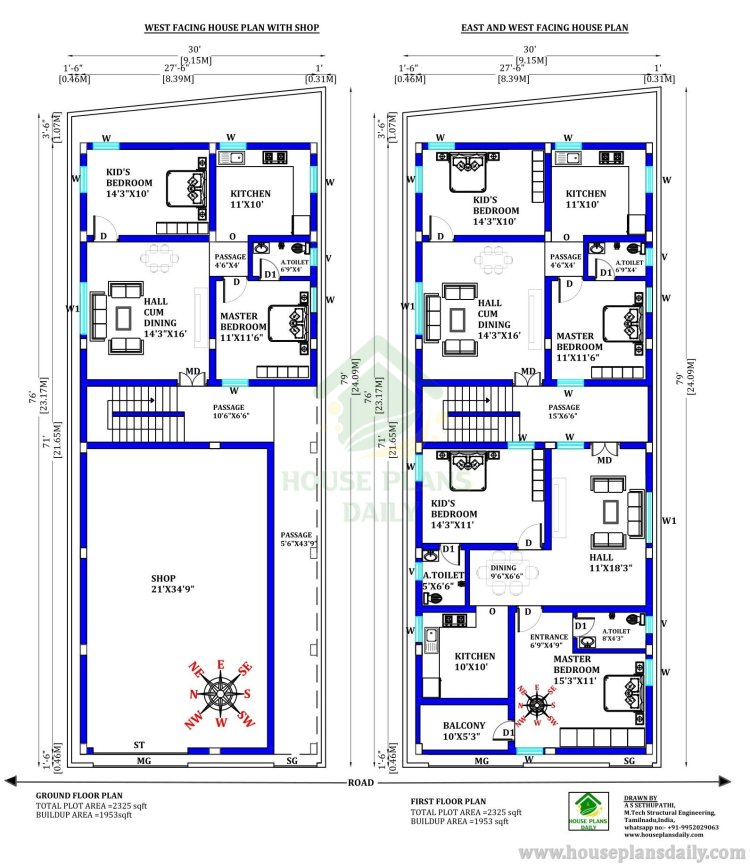 West Facing House Plan with Shop | East Facing House | West Facing House
