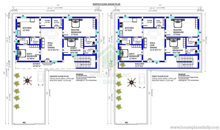 3 Room House | 2000 SQFT House Plan | North Facing House