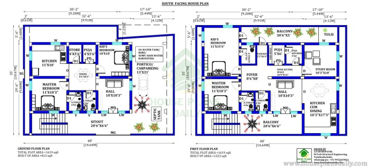 Home Design for 1600 Square Feet with Car Parking | South Facing House Vastu