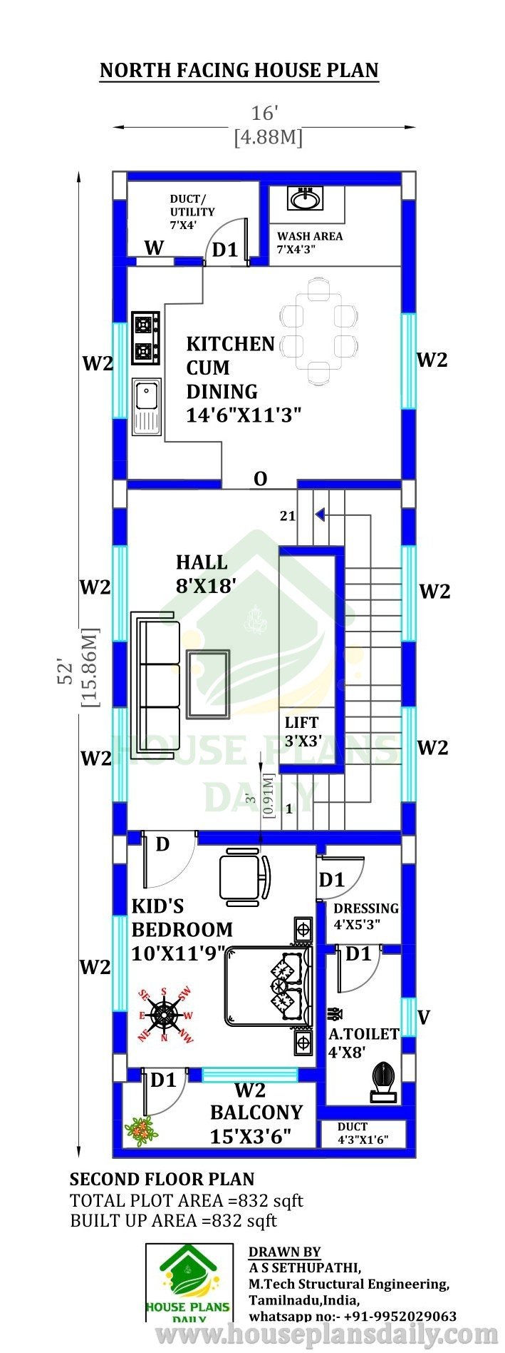 3BHK Duplex House Plan | North Facing Vastu Plan | 800 SQFT Home