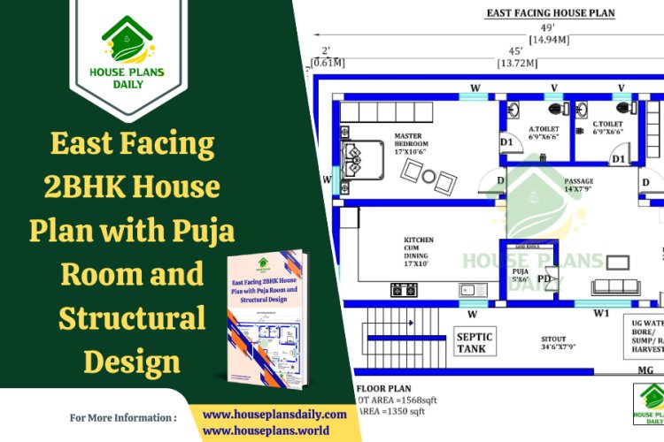 East Facing 2BHK House Plan with Puja Room and Structural Design