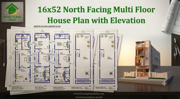 16x52 North Facing Multi Floor House Plan with Elevation